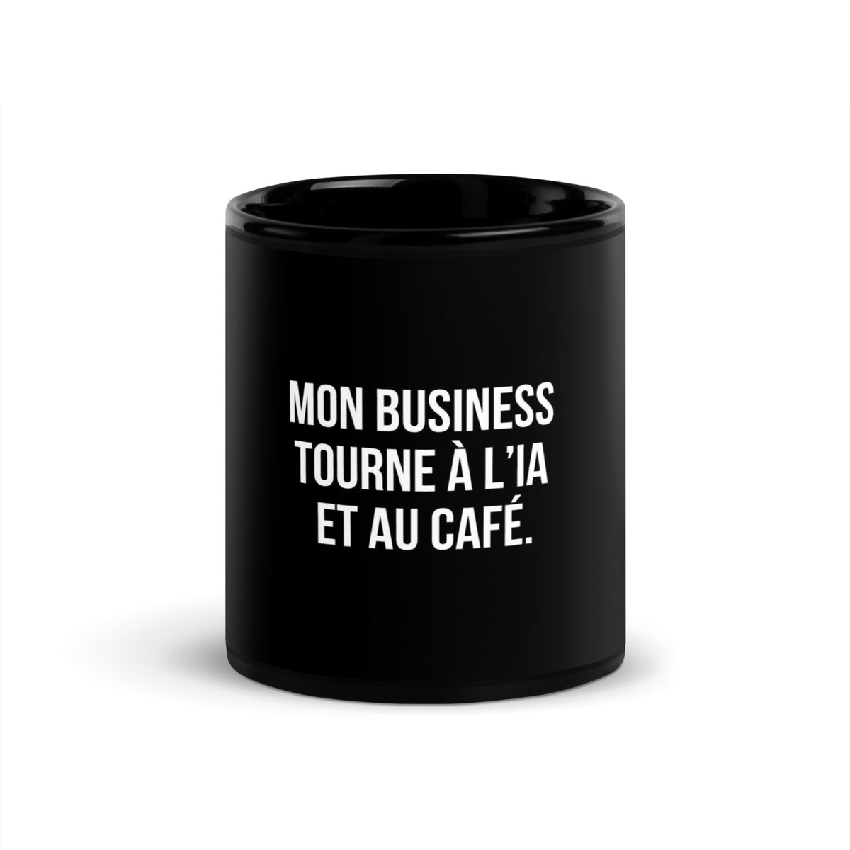 Mug noir de face — Mon business tourne à l’IA et au café